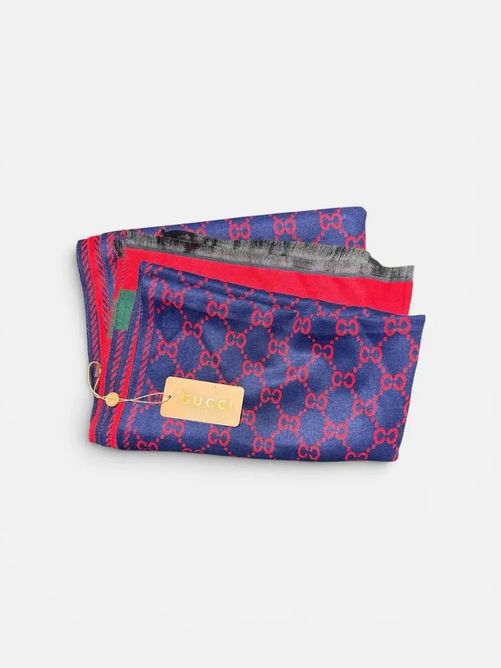 Gucci GG Wool Jacquard Scarf in Bordeaux and Blue with Green and Red Web Stripe